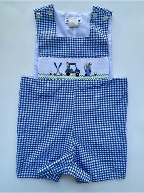 Silly Goose Smocks 12mos Blue Gingham Smocked Golf Shortall Romper - Baby Boy